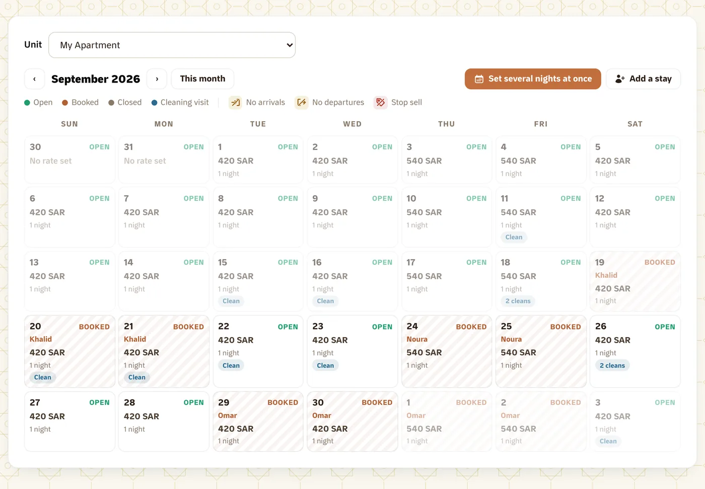 The bookings calendar in Suitiee