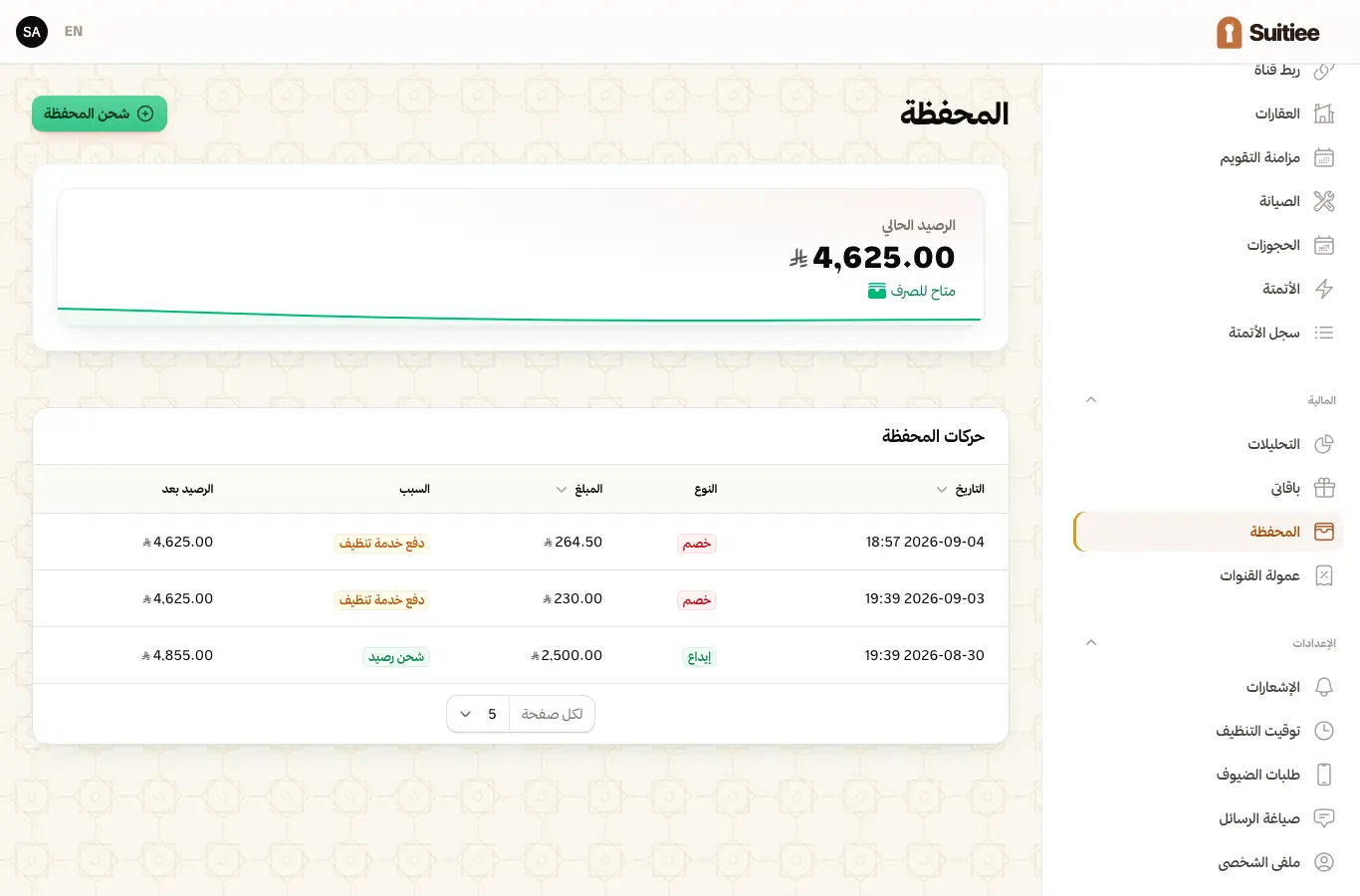 المحفظة، والرصيد وسجل الحركات تحته