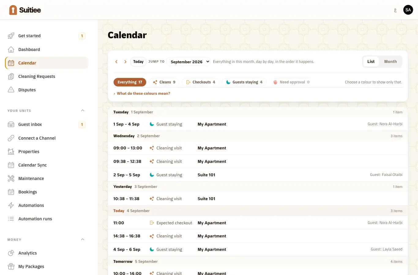 The calendar: units down the side, nights across