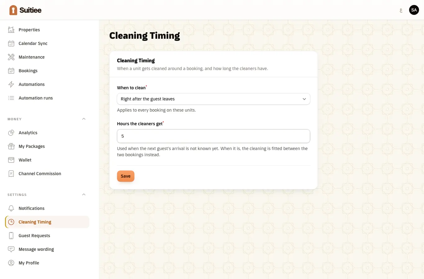 Cleaning Timing: when a turnover is scheduled and how long the window is