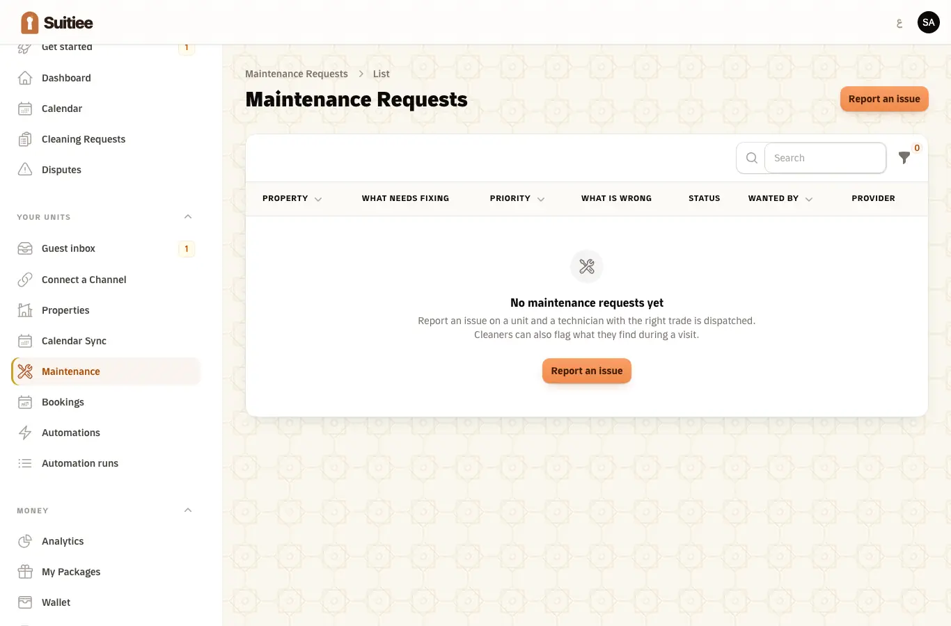 Maintenance requests, with trade and priority