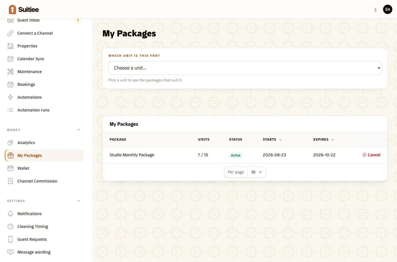 Packages, with what each holds and what is left