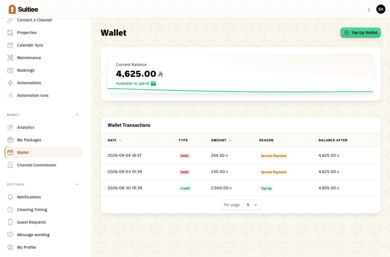 The wallet, with balance and the ledger below it