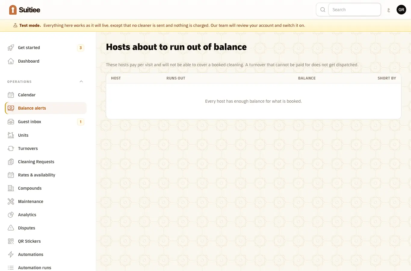 Balance alerts: hosts whose wallet will not cover what is booked