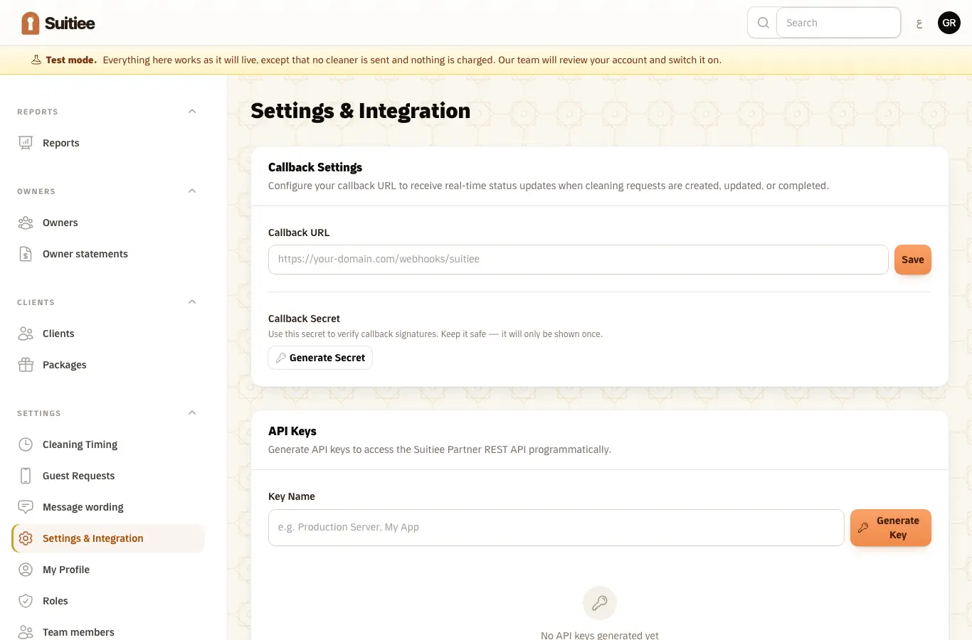 Settings: API keys, the callback URL and the signing secret