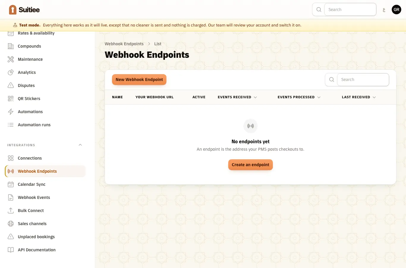 Webhook endpoints, with the receive URL and the secret