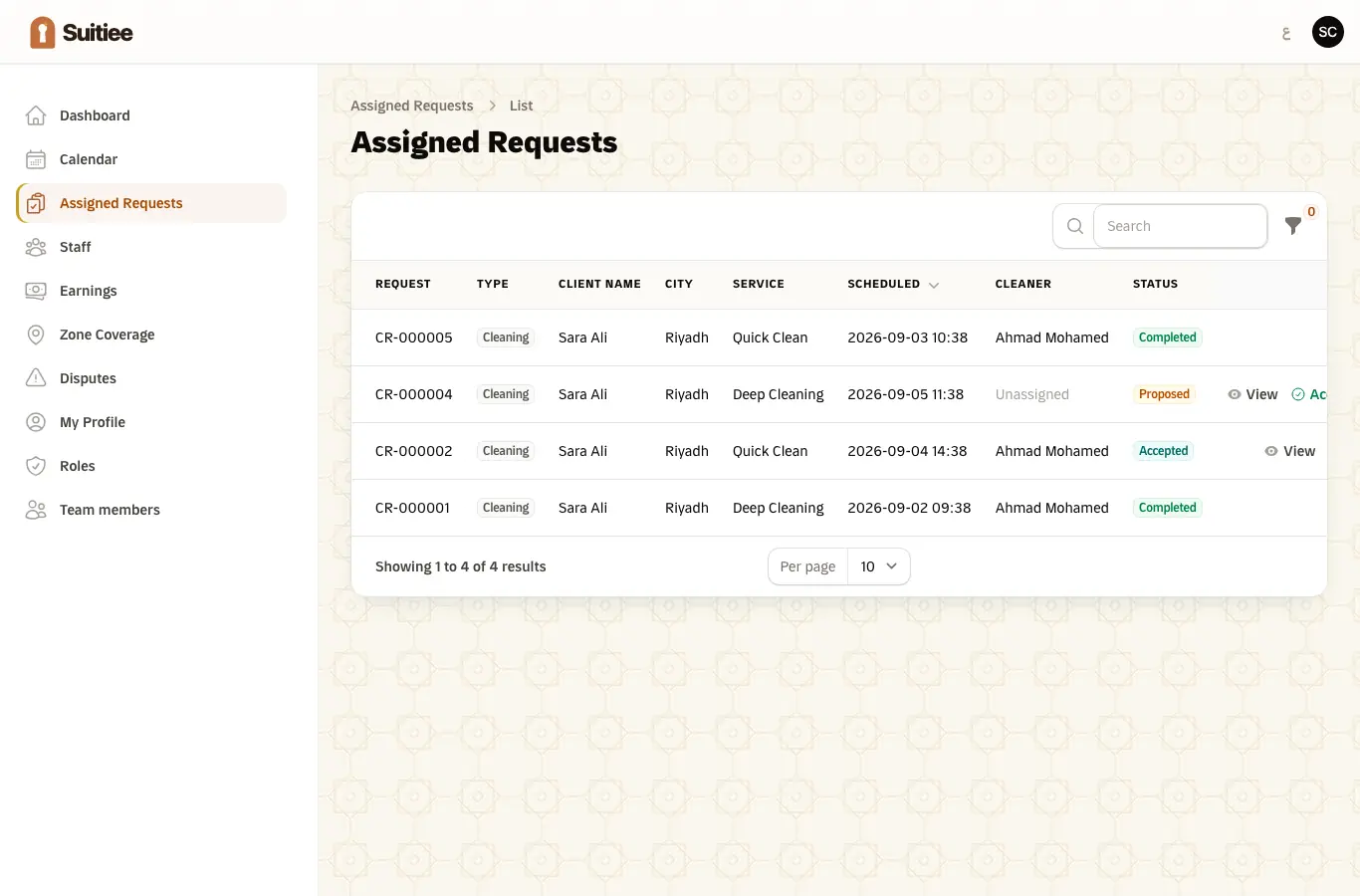 Assigned requests, with the offer and its window